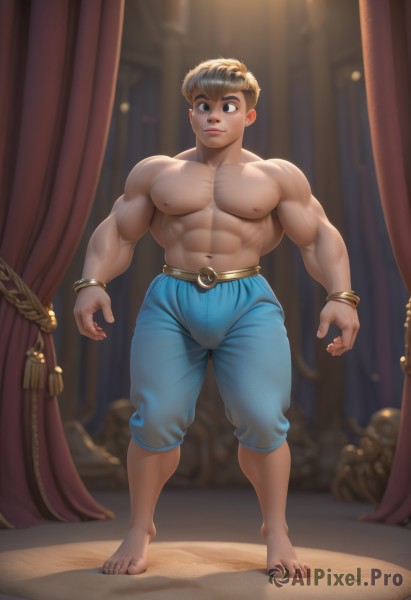 solo,short hair,blonde hair,black hair,1boy,navel,brown eyes,jewelry,closed mouth,nipples,standing,full body,male focus,thighs,barefoot,belt,pants,stomach,blurry,bracelet,looking to the side,muscular,blurry background,thick thighs,abs,thick eyebrows,pectorals,curtains,muscular male,bara,large pectorals,bulge,topless male,sideburns,realistic,blue pants,chest hair,navel hair,baggy pants,thick arms,smile,brown hair,artist name,spotlight