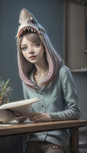 1girl,solo,long hair,looking at viewer,blue eyes,brown hair,shirt,long sleeves,holding,sitting,multicolored hair,parted lips,teeth,pants,artist name,indoors,blurry,lips,book,buttons,chair,table,plant,sharp teeth,paper,realistic,nose,red lips,potted plant,brown pants,blonde hair,pink hair,gradient hair,lipstick,shark