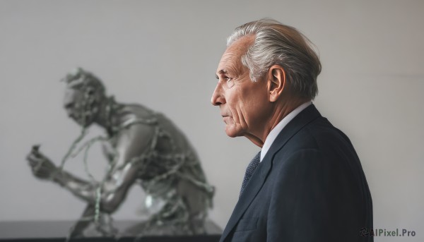 solo,short hair,shirt,1boy,closed mouth,jacket,white shirt,upper body,grey hair,male focus,necktie,collared shirt,grey background,blurry,from side,black jacket,profile,blurry background,formal,suit,realistic,old,old man,statue,simple background,white hair,black necktie,wrinkled skin