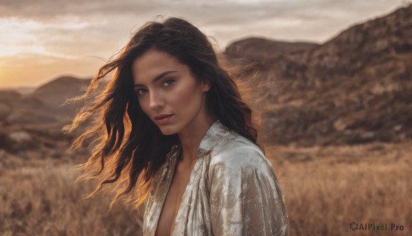 1girl,solo,long hair,breasts,looking at viewer,brown hair,shirt,black hair,cleavage,brown eyes,white shirt,upper body,outdoors,parted lips,open clothes,sky,cloud,dark skin,blurry,lips,open shirt,floating hair,depth of field,blurry background,wind,mountain,realistic,nose,field,dirty,from side,messy hair