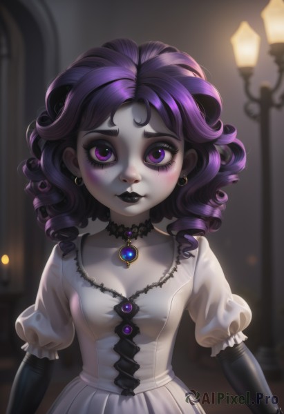 1girl,solo,breasts,looking at viewer,blush,smile,gloves,dress,cleavage,jewelry,purple eyes,collarbone,upper body,purple hair,short sleeves,earrings,small breasts,frills,choker,black gloves,elbow gloves,puffy sleeves,artist name,medium hair,necklace,white dress,blurry,puffy short sleeves,eyelashes,makeup,depth of field,blurry background,colored skin,black choker,drill hair,thick eyebrows,lipstick,gem,pale skin,pendant,eyeshadow,freckles,curly hair,grey skin,lamppost,mascara,black lips,short hair,bangs,lips,crescent,lolita fashion,gothic