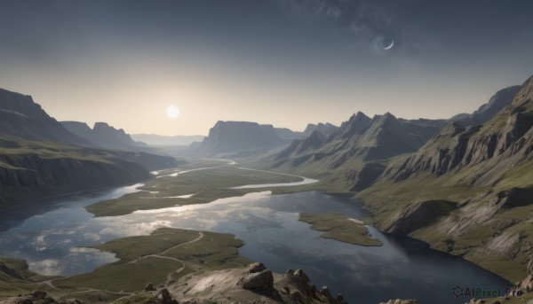 A landscape captured in a tranquil sunset outdoors