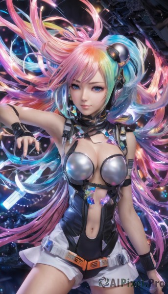 1girl,solo,long hair,breasts,looking at viewer,smile,blue eyes,large breasts,gloves,navel,cleavage,bare shoulders,medium breasts,very long hair,blue hair,pink hair,multicolored hair,cowboy shot,shorts,belt,fingerless gloves,armpits,nail polish,lips,wrist cuffs,clothing cutout,gradient hair,floating hair,headphones,science fiction,realistic,center opening,navel cutout,jewelry,two-tone hair,leotard,cable,space,rainbow hair