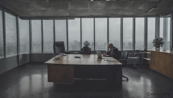 1girl,solo,brown hair,shirt,long sleeves,sitting,jacket,necktie,indoors,cup,black jacket,book,window,chair,phone,formal,table,suit,plant,building,scenery,desk,rain,paper,pen,potted plant,computer,wide shot,monitor,laptop,keyboard (computer),office chair,office,short hair,holding,tree,couch,reflection,wooden floor,tiles,lamp,tile floor,mouse (computer),ceiling light,grey theme