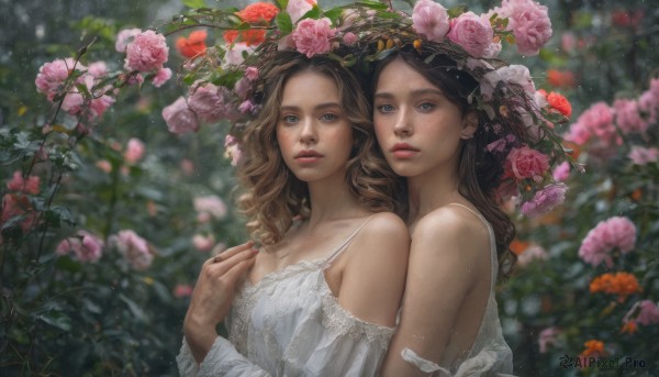 long hair, looking at viewer, blue eyes, multiple girls, blonde hair, brown hair, black hair, dress, 2girls, bare shoulders, upper body, flower, parted lips, white dress, yuri, blurry, lips, fruit, depth of field, blurry background, rose, pink flower, freckles, hug from behind, realistic, strawberry, pink rose