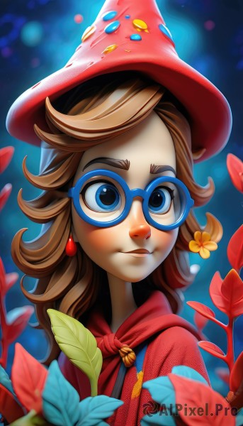 1girl,solo,long hair,looking at viewer,smile,blue eyes,brown hair,hair ornament,hat,jewelry,upper body,flower,earrings,glasses,hair flower,cape,blurry,lips,witch hat,leaf,red headwear,bespectacled,blue-framed eyewear,flower earrings,artist name,nose,mushroom,humanization