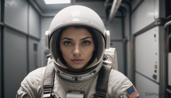 1girl,solo,looking at viewer,short hair,brown hair,black hair,brown eyes,closed mouth,upper body,indoors,dark skin,blurry,dark-skinned female,lips,depth of field,blurry background,helmet,portrait,science fiction,realistic,american flag,spacesuit,japanese flag,space helmet,astronaut,expressionless,close-up,reflection,serious,nose,flag