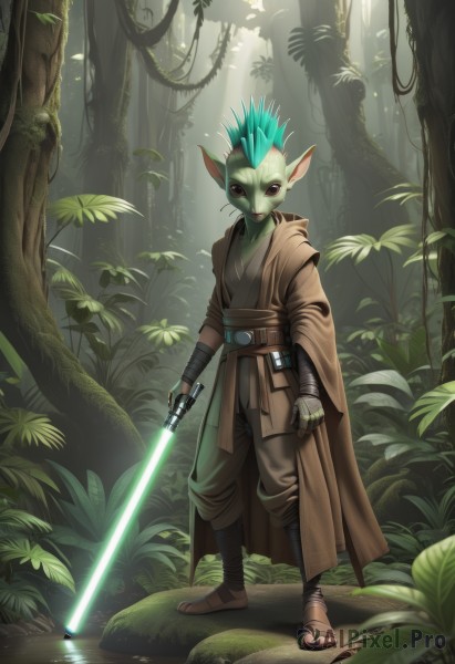 solo,looking at viewer,red eyes,1boy,holding,brown eyes,standing,full body,weapon,male focus,outdoors,pointy ears,belt,sword,water,holding weapon,tree,aqua hair,colored skin,leaf,holding sword,sandals,plant,spiked hair,nature,forest,colored sclera,robe,fantasy,bald,green skin,vines,alien,energy sword,mohawk,lightsaber,gloves,animal ears,green hair,fingerless gloves,cape,furry,science fiction,animification