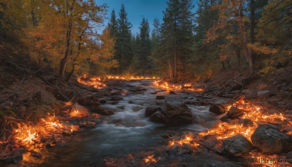 outdoors,sky,day,water,tree,blue sky,no humans,night,fire,nature,scenery,forest,smoke,rock,autumn leaves,river,autumn,burning,campfire,steam