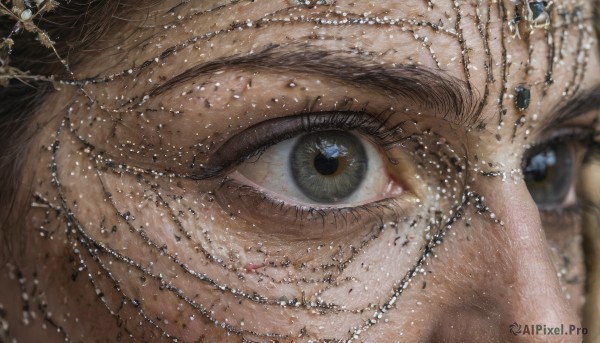 1girl,solo,looking at viewer,blue eyes,brown hair,brown eyes,jewelry,blurry,lips,eyelashes,depth of field,gem,portrait,close-up,reflection,realistic,eye focus,1boy,male focus,blurry background,freckles