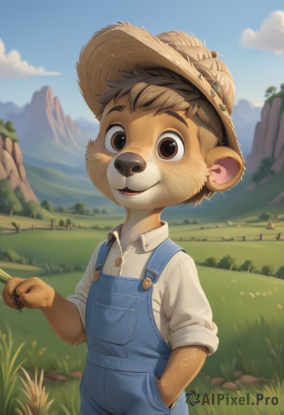 solo,looking at viewer,smile,short hair,open mouth,brown hair,shirt,1boy,hat,holding,animal ears,brown eyes,standing,white shirt,male focus,cowboy shot,outdoors,sky,day,collared shirt,artist name,cloud,tree,blue sky,grass,child,furry,sleeves rolled up,freckles,hand in pocket,mountain,brown headwear,straw hat,overalls,furry male,male child,field,mountainous horizon,brown fur,upper body,flower,teeth,hand up,blurry,buttons,blurry background,watermark,happy,thick eyebrows,denim,pointing,claws,pocket,fence,sunflower,body fur,bear ears,snout,sleeves pushed up,blue overalls