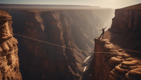 solo,1boy,holding,standing,weapon,male focus,outdoors,sword,from behind,arm up,scenery,1other,rock,ruins,ambiguous gender,brown theme,cliff,cave,very wide shot,water,sunlight,light rays,light,landscape