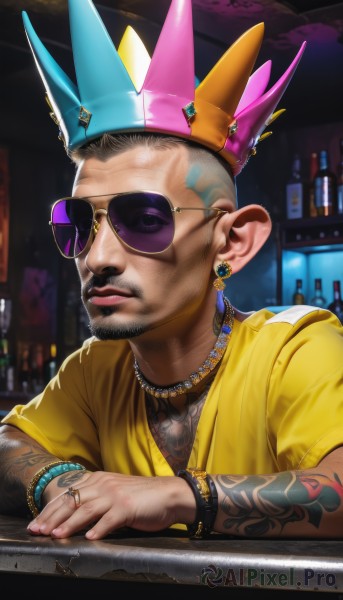 solo,looking at viewer,shirt,black hair,1boy,hat,jewelry,upper body,short sleeves,male focus,earrings,parted lips,glasses,teeth,artist name,indoors,dark skin,necklace,blurry,bracelet,lips,fingernails,tattoo,blurry background,facial hair,chain,piercing,sunglasses,dark-skinned male,ring,bottle,crown,ear piercing,beard,alcohol,yellow shirt,realistic,nose,round eyewear,mustache,arm tattoo,bald,tinted eyewear,chest tattoo,multiple rings,bar (place),arm hair,mohawk,chain necklace,gold chain,nose piercing,pointy ears,signature,t-shirt