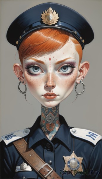 1girl,solo,looking at viewer,short hair,bangs,blue eyes,simple background,shirt,hat,jewelry,closed mouth,upper body,red hair,earrings,collared shirt,belt,grey background,orange hair,uniform,lips,grey eyes,eyelashes,tattoo,makeup,buttons,piercing,lipstick,ear piercing,portrait,eyeshadow,freckles,military hat,red lips,stud earrings,eyeliner,straight-on,badge,police,police uniform,sanpaku,policewoman,mascara,police hat,neck tattoo,military,black headwear,military uniform,facial mark,peaked cap,epaulettes,nose,very short hair,facial tattoo,military jacket,world war ii