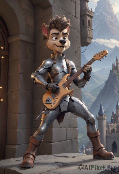 solo,smile,short hair,brown hair,gloves,1boy,holding,animal ears,brown eyes,standing,tail,full body,weapon,male focus,boots,outdoors,sky,day,sword,artist name,signature,fingerless gloves,armor,watermark,brown footwear,thick eyebrows,shoulder armor,building,instrument,furry,music,guitar,furry male,playing instrument,holding instrument,castle,brown fur,dog boy,open mouth,teeth,cloud,fangs,gauntlets,mountain,fantasy,armored boots,ruins,snout,plate armor