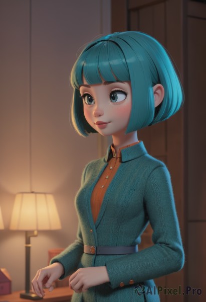 1girl,solo,breasts,blush,smile,short hair,bangs,blue eyes,shirt,long sleeves,dress,closed mouth,blue hair,standing,jacket,upper body,cowboy shot,small breasts,shiny,collared shirt,belt,artist name,indoors,signature,blunt bangs,blurry,aqua eyes,lips,fingernails,aqua hair,makeup,buttons,depth of field,blurry background,bob cut,green jacket,nose,lamp,bedroom,desk lamp,eyelashes