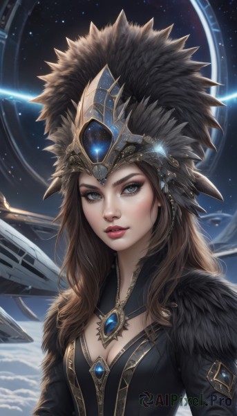 1girl,solo,long hair,breasts,looking at viewer,blue eyes,brown hair,cleavage,jewelry,medium breasts,upper body,parted lips,sky,artist name,signature,lips,grey eyes,fur trim,eyelashes,makeup,helmet,feathers,lipstick,gem,star (sky),starry sky,nose,red lips,space,planet,feather trim,necklace,headpiece,headdress