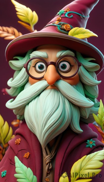 solo,looking at viewer,1boy,hat,green eyes,jacket,upper body,flower,white hair,grey hair,male focus,green hair,glasses,artist name,gradient,gradient background,witch hat,facial hair,leaf,feathers,red headwear,beard,black-framed eyewear,bespectacled,round eyewear,mustache,purple headwear,old,old man,wizard hat,wizard,closed mouth,hood,blurry,watermark,thick eyebrows,portrait,web address,purple background,hat ornament,deviantart username