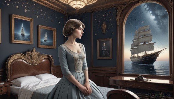 1girl,solo,breasts,short hair,brown hair,dress,cleavage,medium breasts,sitting,collarbone,closed eyes,small breasts,sky,indoors,water,star (symbol),lips,pillow,bed,night,ocean,on bed,chair,table,own hands together,star (sky),scenery,starry sky,v arms,realistic,nose,lamp,grey dress,watercraft,bedroom,ship,picture frame,boat,painting (object),hands on lap,chest of drawers,portrait (object),brown eyes,cloud,signature,window,night sky,candle,fine art parody,picture (object)