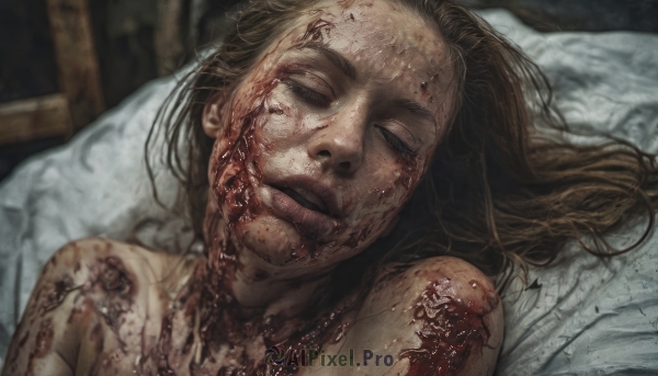 1girl,solo,long hair,brown hair,closed mouth,closed eyes,nude,lying,on back,lips,blood,bed,bed sheet,on bed,injury,blood on face,realistic,death,horror (theme),guro,looking at viewer,smile,open mouth,blonde hair,1boy,male focus,parted lips,teeth,indoors,blurry,portrait