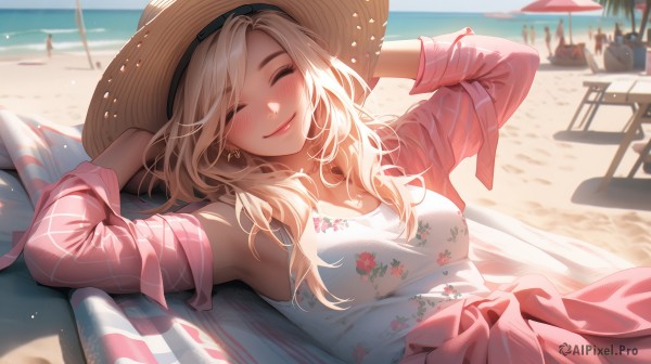 1girl,solo,long hair,breasts,blush,smile,bangs,blonde hair,shirt,long sleeves,hat,cleavage,bare shoulders,jewelry,medium breasts,closed mouth,collarbone,jacket,closed eyes,upper body,earrings,outdoors,lying,open clothes,sky,sleeveless,solo focus,day,on back,armpits,water,arms up,lips,^ ^,ocean,umbrella,chair,beach,floral print,table,tank top,arms behind head,facing viewer,sun hat,shawl,sand,straw hat,pink jacket,beach umbrella,lounge chair,beach chair,dress,white shirt,heart,blurry,blurry background,sunlight,brown headwear,multiple others