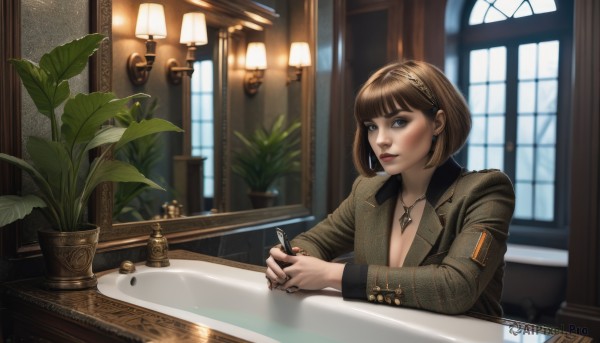 1girl,solo,breasts,looking at viewer,short hair,bangs,blue eyes,brown hair,long sleeves,holding,cleavage,jewelry,medium breasts,closed mouth,jacket,upper body,braid,hairband,earrings,indoors,blunt bangs,necklace,blurry,lips,window,bob cut,plant,black nails,pendant,brown jacket,realistic,nose,pen,potted plant,lamp,bathtub,holding pen,brown eyes,nail polish,fingernails,eyelashes,makeup,crown braid,leather,leather jacket,mascara