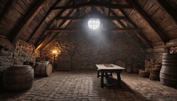 indoors,no humans,window,chair,table,sunlight,fire,scenery,wooden floor,light,candle,wall,brick wall,torch,barrel,stone wall,fireplace,crate,wood,brick,wooden chair,book,fantasy,treasure chest,stone floor,wooden table