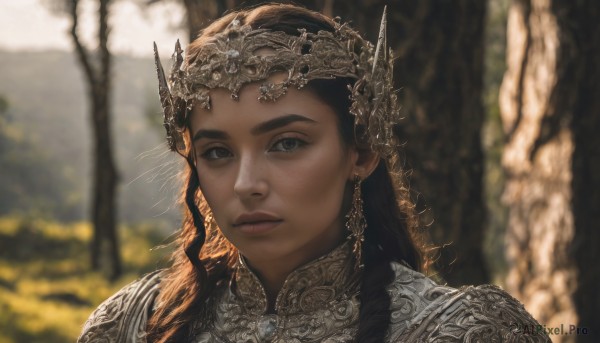 1girl,solo,long hair,looking at viewer,brown hair,black hair,jewelry,closed mouth,earrings,outdoors,dark skin,armor,blurry,dark-skinned female,tree,lips,grey eyes,depth of field,blurry background,tiara,portrait,freckles,realistic,fantasy,brown eyes,nature,close-up