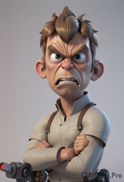 solo,looking at viewer,simple background,brown hair,shirt,long sleeves,1boy,brown eyes,white shirt,upper body,weapon,male focus,teeth,collared shirt,belt,grey background,gun,crossed arms,thick eyebrows,suspenders,clenched teeth,child,angry,pocket,male child,frown,science fiction,realistic,animification