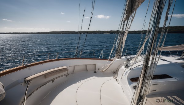 outdoors,sky,day,cloud,water,blue sky,no humans,ocean,cloudy sky,scenery,science fiction,horizon,cable,watercraft,ship,boat,beach,vehicle focus,shore