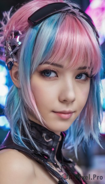 1girl,solo,looking at viewer,smile,short hair,bangs,blue eyes,hair ornament,bare shoulders,jewelry,closed mouth,blue hair,pink hair,multicolored hair,blurry,two-tone hair,lips,looking to the side,eyelashes,makeup,headgear,portrait,pink lips,realistic,nose,blurry background,goggles,close-up,goggles on head