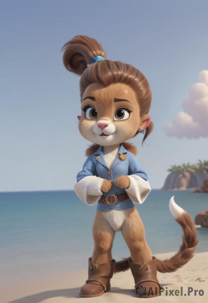 1girl,solo,looking at viewer,smile,short hair,brown hair,shirt,long sleeves,animal ears,brown eyes,jewelry,closed mouth,standing,jacket,tail,full body,ponytail,earrings,boots,outdoors,sky,day,belt,artist name,cloud,water,blurry,tree,blue sky,blurry background,ocean,watermark,beach,brown footwear,blue jacket,no pants,furry,pocket,rock,sand,palm tree,furry female,horizon,female child,brown belt,body fur,animal nose,denim jacket,open mouth,hair ornament,japanese clothes,no humans,shadow,hair bobbles,fundoshi,topknot,brown fur