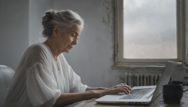 1girl,solo,jewelry,sitting,closed mouth,upper body,white hair,grey hair,indoors,necklace,hair bun,from side,cup,book,window,tattoo,profile,chair,table,single hair bun,curtains,robe,mug,paper,realistic,computer,old,laptop,coffee mug,old woman,wrinkled skin,short hair,shirt,white shirt,short sleeves,earrings,cloud,blurry,lips,coffee,old man,newspaper