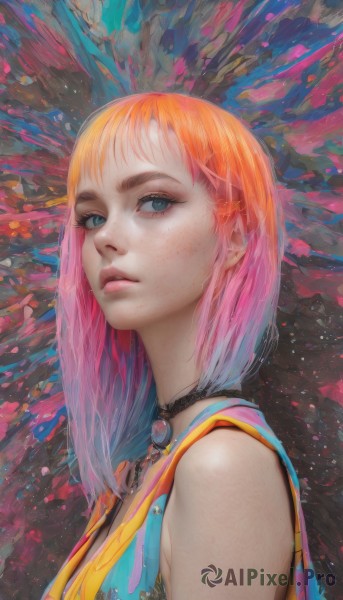 1girl,solo,breasts,looking at viewer,short hair,bangs,blue eyes,hair ornament,bare shoulders,jewelry,closed mouth,upper body,pink hair,multicolored hair,parted lips,sleeveless,choker,medium hair,orange hair,from side,two-tone hair,lips,looking to the side,grey eyes,eyelashes,gradient hair,makeup,black choker,gem,multicolored clothes,eyeshadow,freckles,pink lips,realistic,nose,colorful,mascara,long hair,necklace,aqua eyes,multicolored background