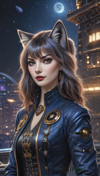 1girl,solo,long hair,breasts,looking at viewer,bangs,blue eyes,brown hair,black hair,long sleeves,animal ears,jewelry,jacket,upper body,earrings,outdoors,parted lips,open clothes,sky,cat ears,necklace,open jacket,lips,animal ear fluff,grey eyes,eyelashes,makeup,night,moon,denim,lipstick,blue jacket,building,star (sky),night sky,full moon,pendant,starry sky,city,red lips,leather,denim jacket,shirt,medium breasts,closed mouth,artist name,wolf ears,thick eyebrows,backlighting,realistic,nose,architecture,badge