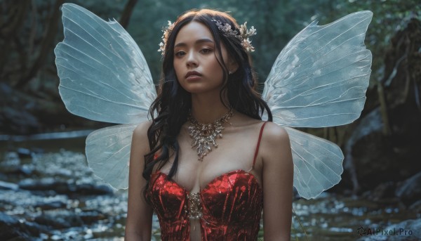 1girl,solo,long hair,breasts,looking at viewer,brown hair,black hair,hair ornament,dress,cleavage,bare shoulders,brown eyes,jewelry,medium breasts,upper body,flower,earrings,outdoors,parted lips,wings,hair flower,necklace,blurry,lips,blurry background,red dress,nature,forest,realistic,fairy wings,fairy,butterfly wings,collarbone,dark skin,spaghetti strap