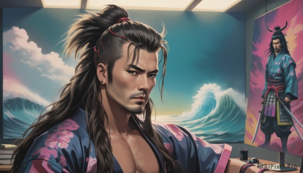 solo,long hair,looking at viewer,brown hair,black hair,1boy,holding,jewelry,closed mouth,standing,upper body,ponytail,weapon,male focus,earrings,japanese clothes,sky,day,pants,sword,cloud,indoors,kimono,water,holding weapon,armor,black eyes,lips,facial hair,holding sword,floral print,thick eyebrows,katana,pectorals,beard,mustache,stud earrings,japanese armor,aura,chest hair,topknot,painting (object),samurai,scar,sheath,manly