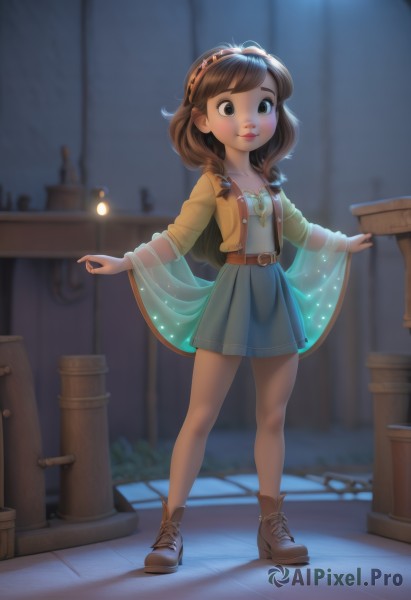 1girl,solo,long hair,blush,smile,skirt,brown hair,shirt,brown eyes,jewelry,standing,jacket,full body,pleated skirt,hairband,boots,shoes,belt,indoors,necklace,blurry,lips,blue skirt,see-through,blurry background,brown footwear,suspenders,black eyes,high heels,outstretched arms,yellow shirt