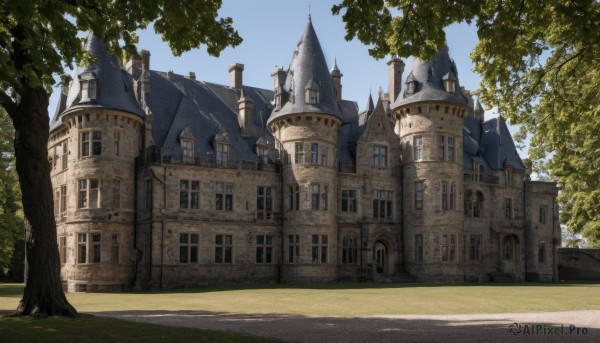 outdoors,sky,day,tree,blue sky,no humans,window,shadow,grass,building,scenery,road,bush,house,street,path,sunlight,fantasy,shade,architecture,castle,church,arch