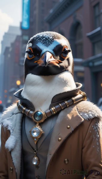 solo,looking at viewer,shirt,1boy,jewelry,jacket,upper body,male focus,outdoors,open clothes,day,artist name,necklace,blurry,vest,coat,fur trim,no humans,depth of field,blurry background,bird,animal,brooch,goggles,building,gem,1other,pendant,fur collar,black vest,brown jacket,city,fur-trimmed jacket,leather,animal focus,penguin,beak,clothed animal,closed mouth,open jacket,goggles around neck