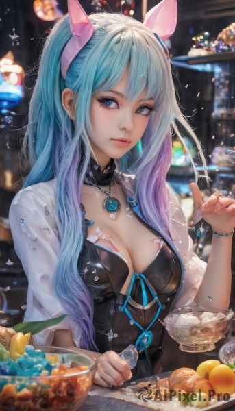 1girl,solo,long hair,breasts,looking at viewer,bangs,blue eyes,dress,holding,animal ears,cleavage,jewelry,medium breasts,closed mouth,blue hair,upper body,multicolored hair,food,choker,necklace,blurry,bracelet,cup,lips,see-through,gradient hair,fruit,depth of field,blurry background,fake animal ears,gem,pendant,bowl,realistic,spoon,nose,orange (fruit),orange slice,shirt,ribbon,ponytail,purple hair,sidelocks,hairband,open clothes,artist name,hand up,eyelashes,expressionless,table,holding spoon,blue gemstone