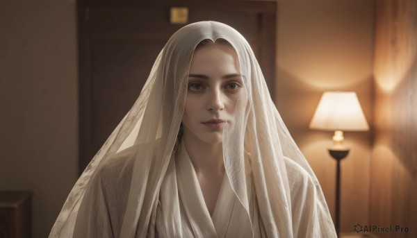 1girl,solo,long hair,looking at viewer,brown eyes,upper body,white hair,parted lips,japanese clothes,indoors,kimono,blurry,lips,grey eyes,depth of field,blurry background,portrait,veil,realistic,nose,light,lamp,bridal veil,closed mouth,wide-eyed