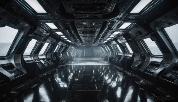 no humans,window,from above,building,scenery,reflection,science fiction,realistic,spacecraft,cockpit,solo,robot,floating,machinery,cable,grey theme