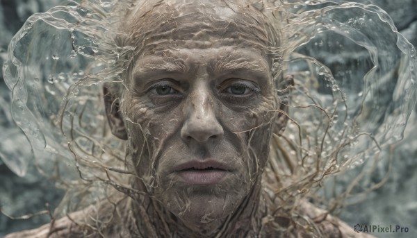 solo,looking at viewer,short hair,blonde hair,1boy,closed mouth,male focus,water,blurry,lips,grey eyes,blurry background,facial hair,portrait,beard,realistic,close-up,branch