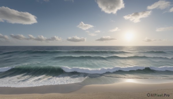 outdoors,sky,day,cloud,water,blue sky,no humans,ocean,beach,cloudy sky,scenery,sunset,sand,sun,horizon,waves,shore,sunlight,vehicle focus