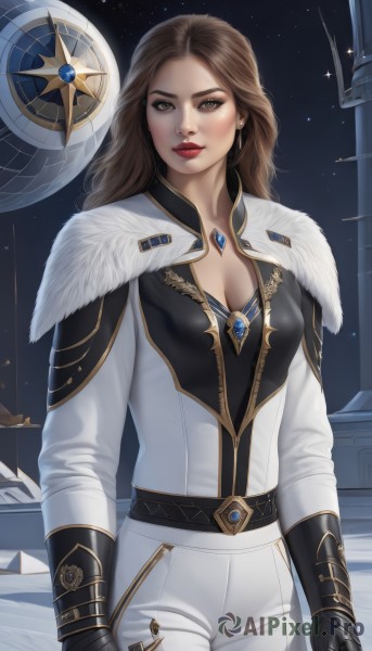 1girl,solo,long hair,breasts,looking at viewer,brown hair,gloves,long sleeves,cleavage,brown eyes,jewelry,medium breasts,closed mouth,jacket,weapon,cowboy shot,earrings,sky,black gloves,belt,pants,lips,fur trim,makeup,white jacket,lipstick,gauntlets,gem,star (sky),starry sky,gold trim,realistic,white pants,nose,red lips,space,planet,holding,standing,sword,cape,holding weapon,night,night sky