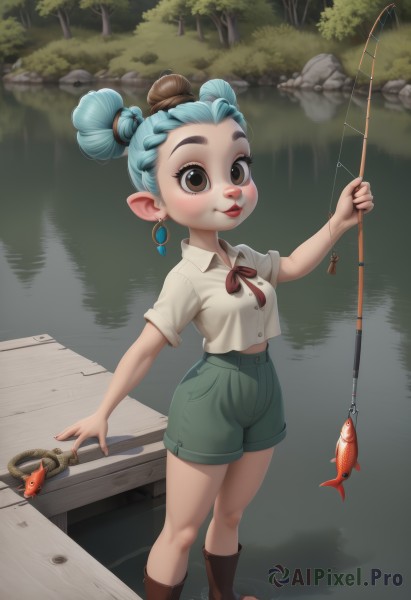 1girl,solo,breasts,looking at viewer,blush,smile,shirt,ribbon,holding,brown eyes,jewelry,closed mouth,blue hair,standing,full body,white shirt,braid,short sleeves,earrings,small breasts,boots,outdoors,shorts,pointy ears,collared shirt,water,hair bun,red bow,red ribbon,tree,short shorts,double bun,aqua hair,neck ribbon,animal,brown footwear,thick eyebrows,knee boots,child,nature,forest,fish,shirt tucked in,green shorts,river,fishing rod,pond,fishing,high-waist shorts,stream,holding fishing rod,fishing line,short hair,lips,single hair bun