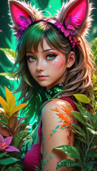 1girl,solo,long hair,breasts,looking at viewer,bangs,brown hair,shirt,hair ornament,animal ears,bare shoulders,medium breasts,closed mouth,green eyes,upper body,flower,multicolored hair,hairband,green hair,sleeveless,artist name,cat ears,hair flower,from side,lips,animal ear fluff,eyelashes,makeup,fake animal ears,leaf,watermark,facial mark,plant,lipstick,web address,pink flower,eyeshadow,freckles,green background,pink shirt,pink lips,realistic,nose,purple flower,eyeliner,facepaint,mascara,blush,shiny,blurry,looking to the side,fox ears,sleeveless shirt,sunlight,tank top,messy hair,red shirt,nature,light particles,extra ears,pink hairband