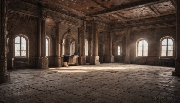 day,indoors,no humans,window,sunlight,scenery,light rays,stairs,door,ruins,pillar,hallway,church,arch,barrel,column,crate,chair,table,tiles,tile floor