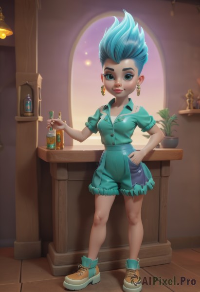 1girl,solo,breasts,looking at viewer,smile,short hair,blue eyes,shirt,holding,jewelry,blue hair,standing,full body,short sleeves,earrings,small breasts,shoes,shorts,puffy sleeves,artist name,indoors,aqua eyes,lips,hand on hip,eyelashes,window,makeup,bottle,plant,lipstick,spiked hair,alcohol,eyeshadow,blue shorts,hand in pocket,red lips,potted plant,eyeliner,wine bottle,mascara,aqua hair,aged down